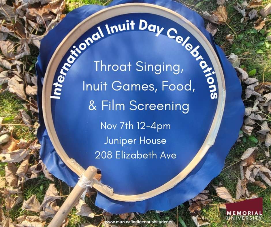 A blue Inuit drum sits against fall leaves with event text